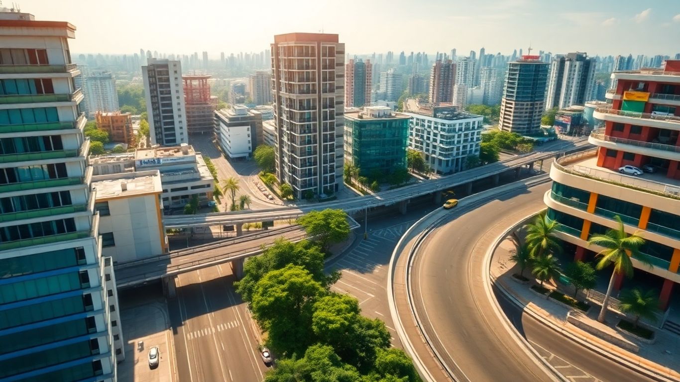 Indian cityscape with modern buildings and infrastructure.