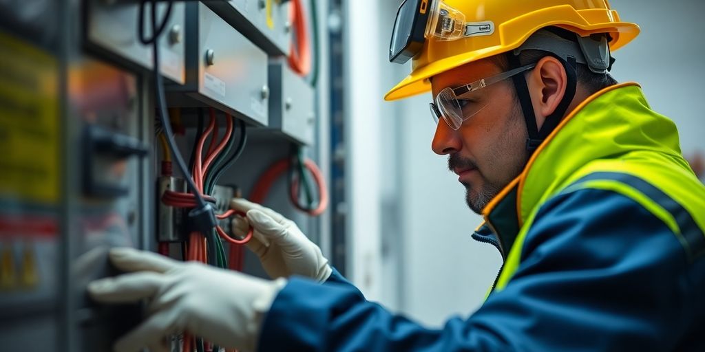 Worker inspecting electrical equipment in safety gear.