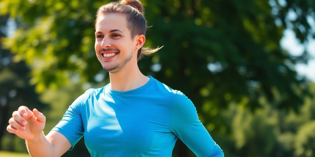 Person exercising outdoors, smiling and active.