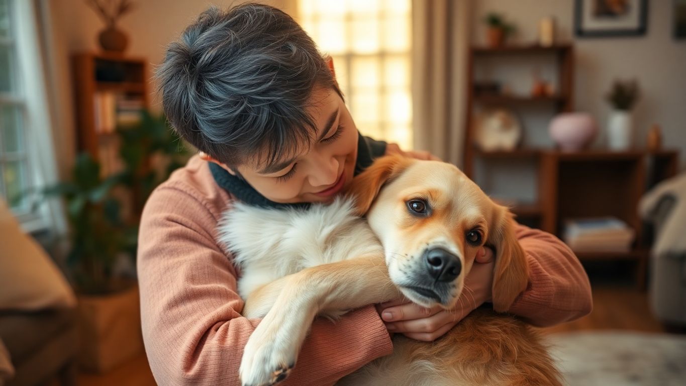 Pessoa abraçando um cachorro em casa.