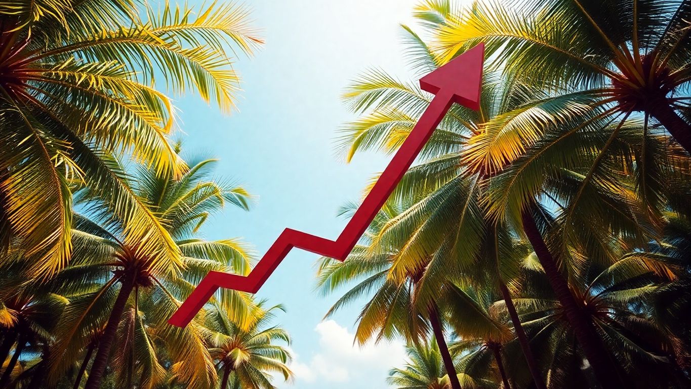 Speeding palm trees with growth arrow.