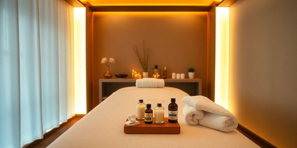 Serene spa room with massage table and soft lighting.