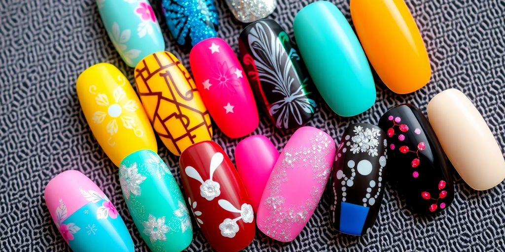 Colorful press-on nails with various artistic designs.