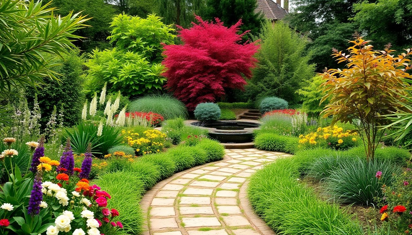Seasonal garden landscape with flowers and greenery.