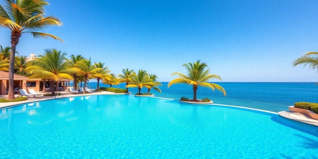 Luxury resort pool, ocean, and palm trees.