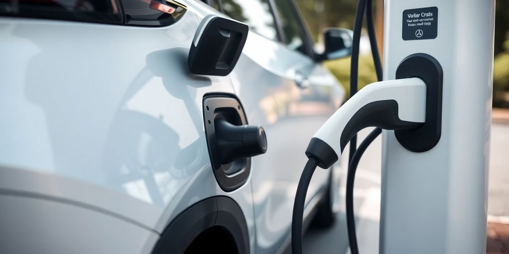 Electric vehicle charging at a station with visible cable.