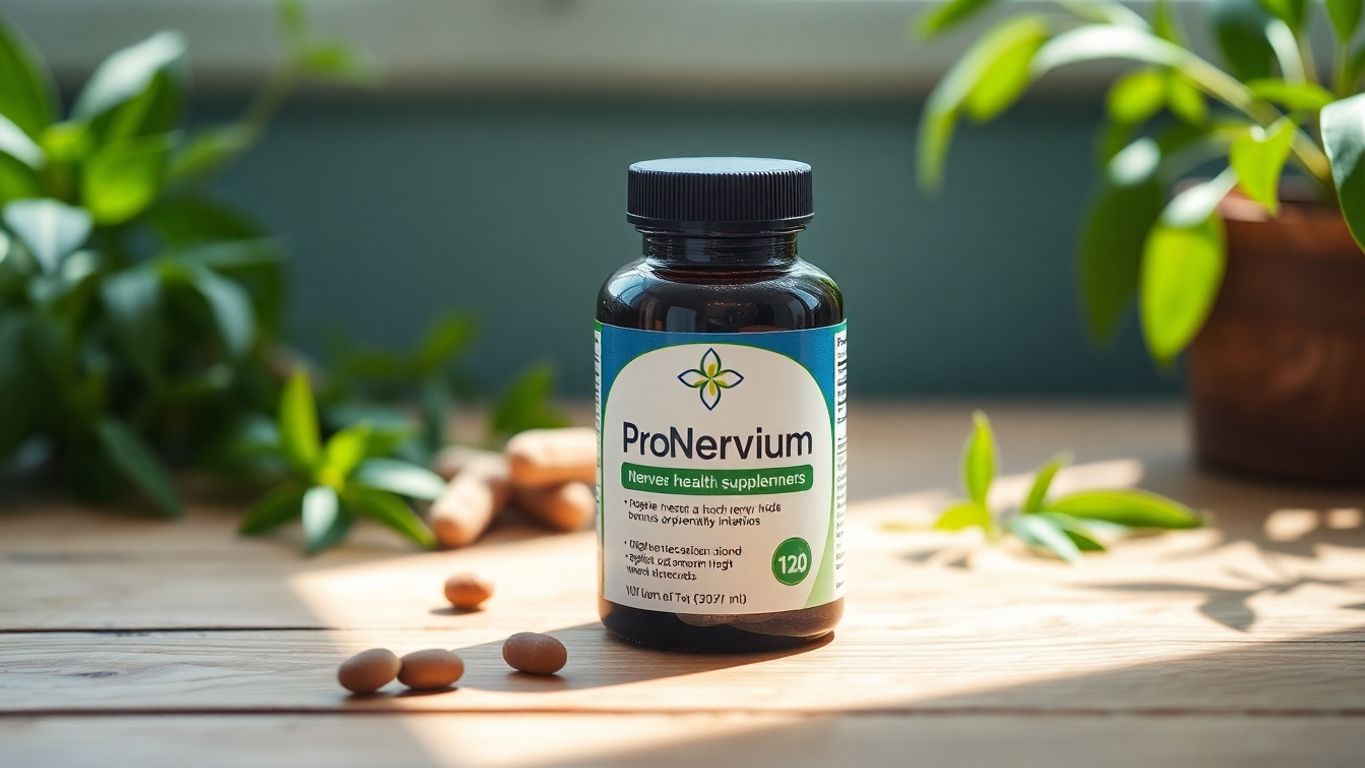 Bottles of ProNervium supplements with green herbs.