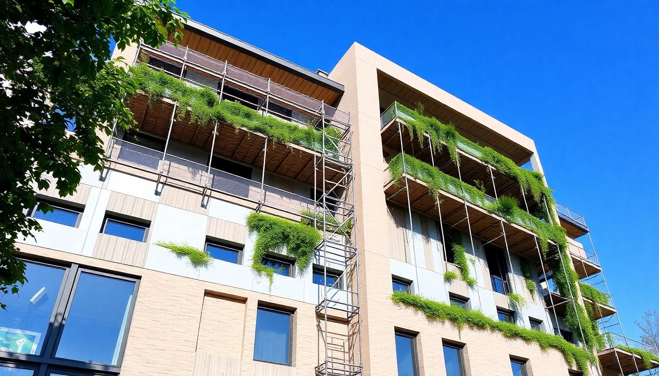 Modern building refurbishment with eco-friendly materials and greenery.