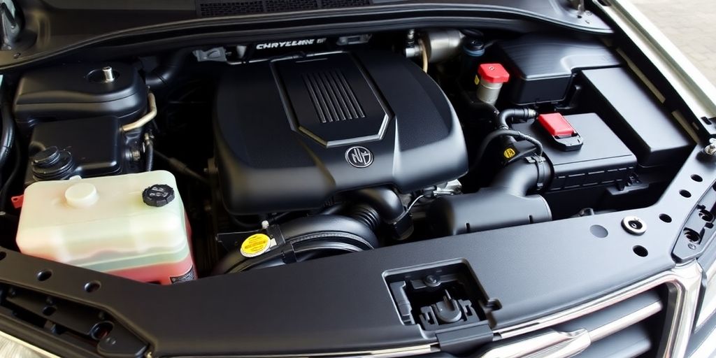 Chrysler car engine bay with shiny parts.