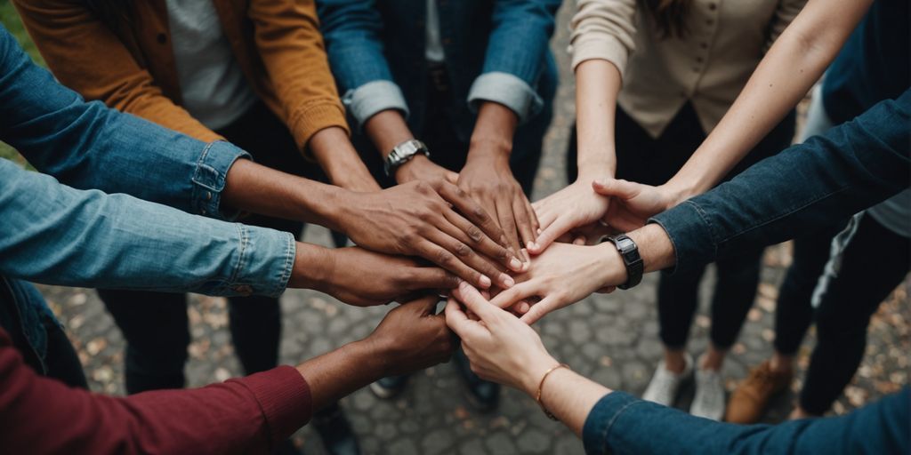 Diverse group of people holding hands in a circle