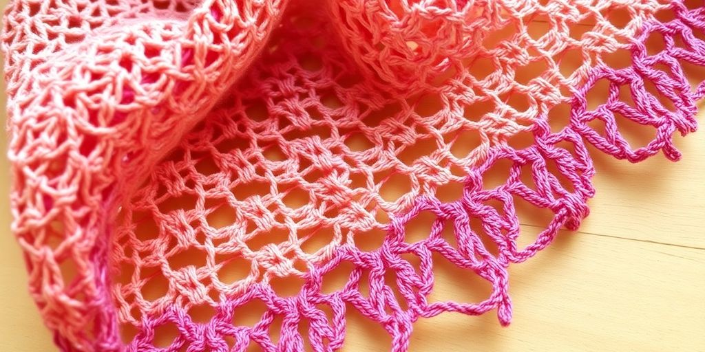 Soft lace shawl, light colors, draped on wooden chair.