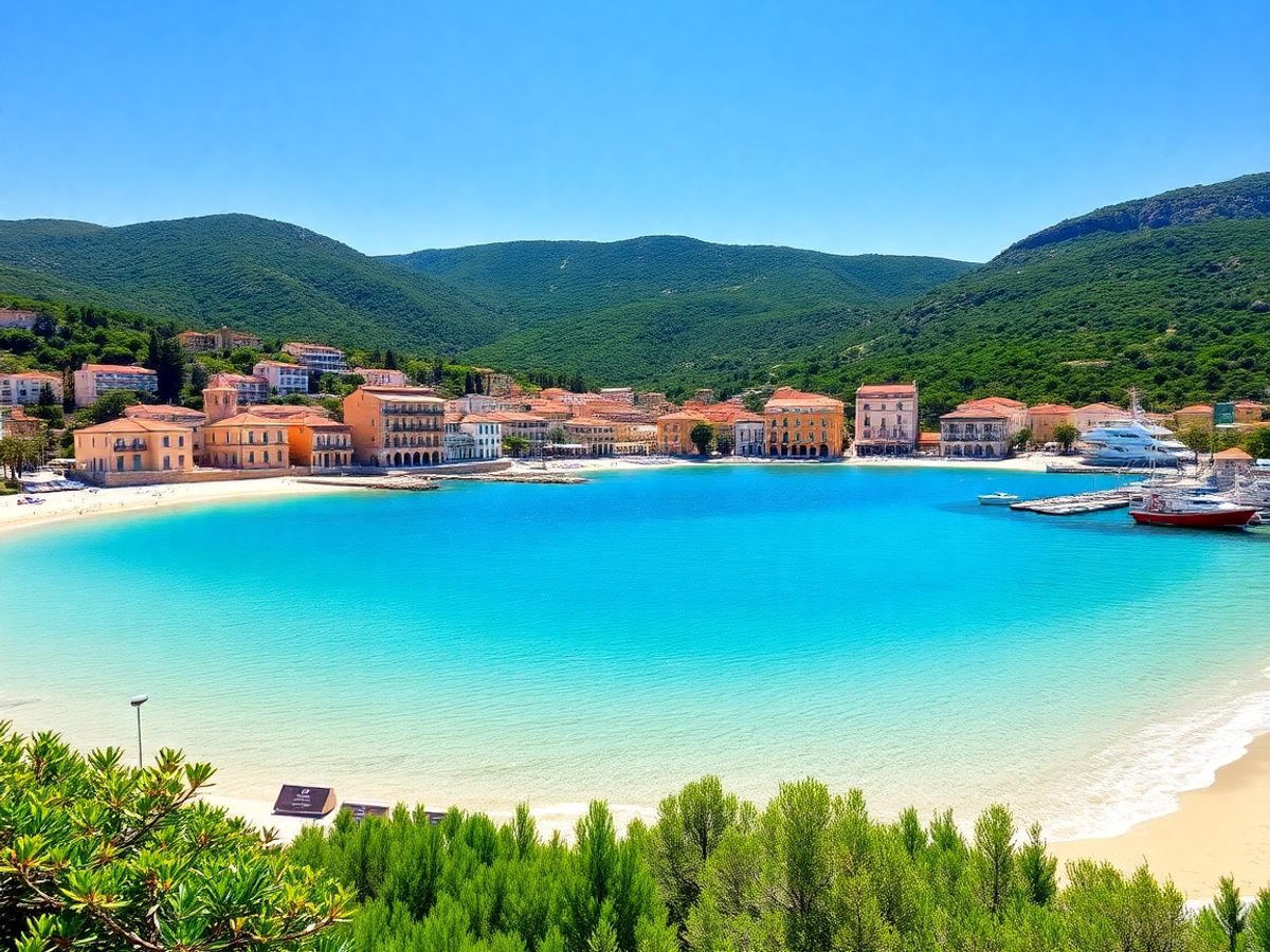 Sunlit coastal village in Mallorca with clear blue sea.