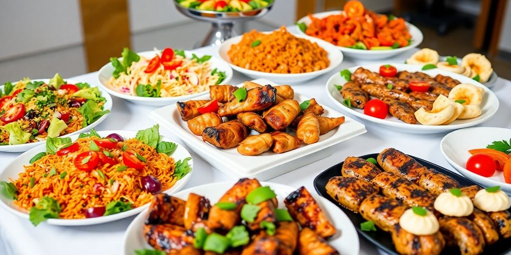 อาหารจัดเลี้ยงหลากหลายชนิดพร้อมเสิร์ฟในงานเลี้ยง