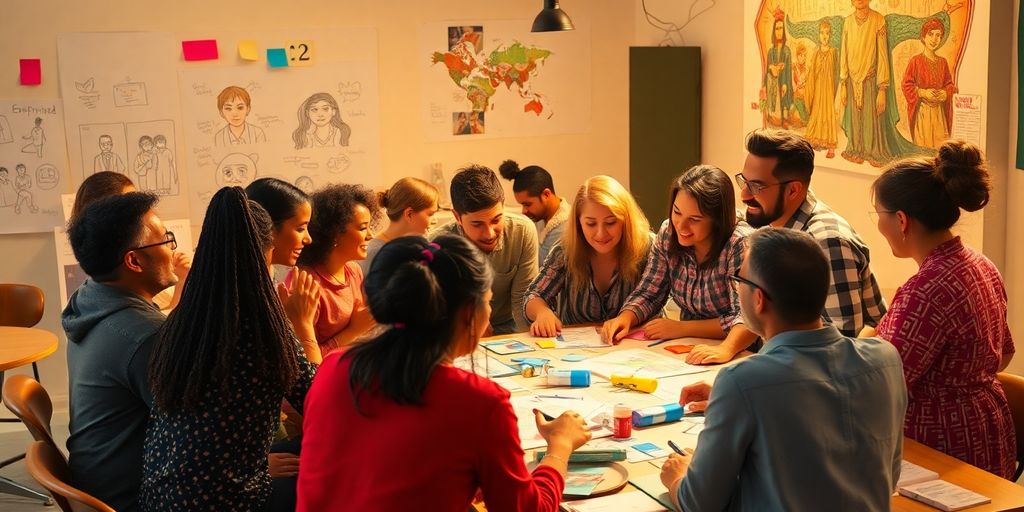 Diverse creators collaborating over a table of ideas.