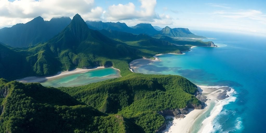Lush green volcanic mountains meeting a vibrant turquoise lagoon.