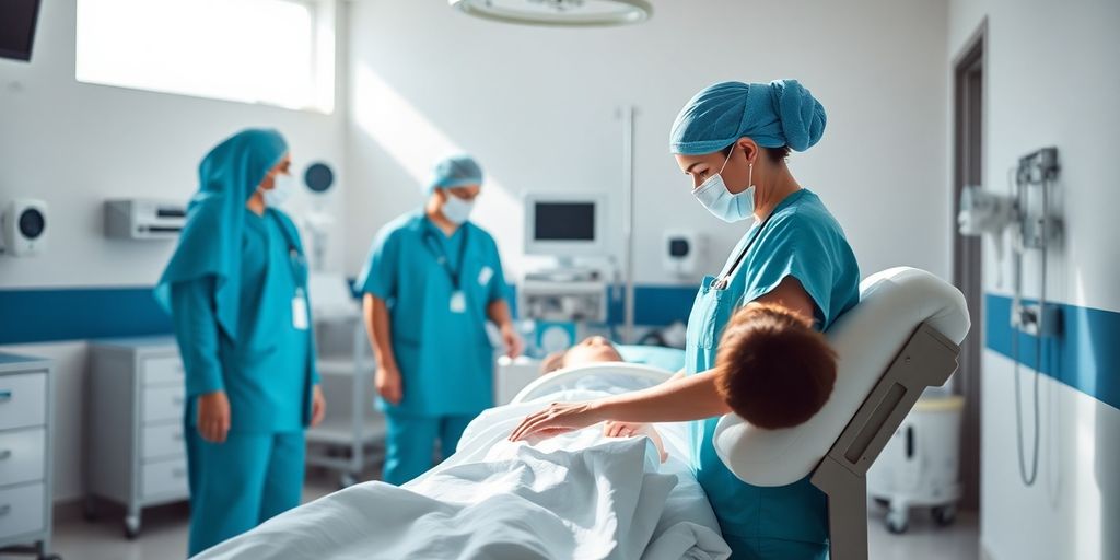 Pflegekräfte in einem ruhigen Krankenhausumfeld bei der Arbeit.