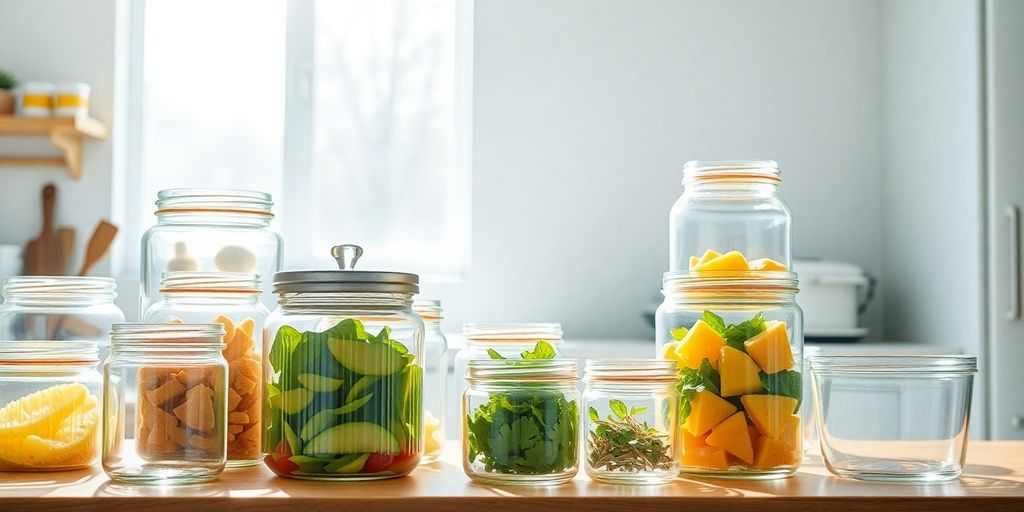 Kitchen with neatly organized glass food containers.