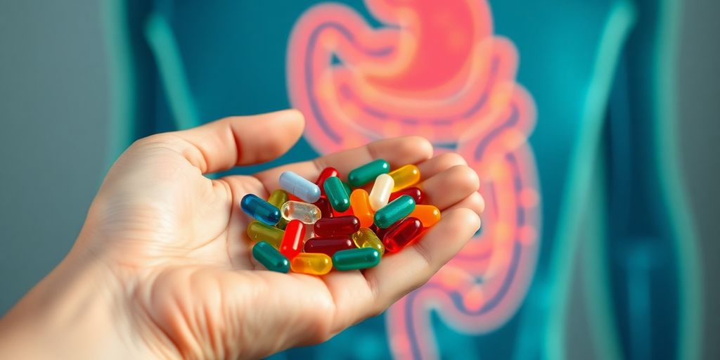 Probiotic capsules and healthy gut flora illustration.