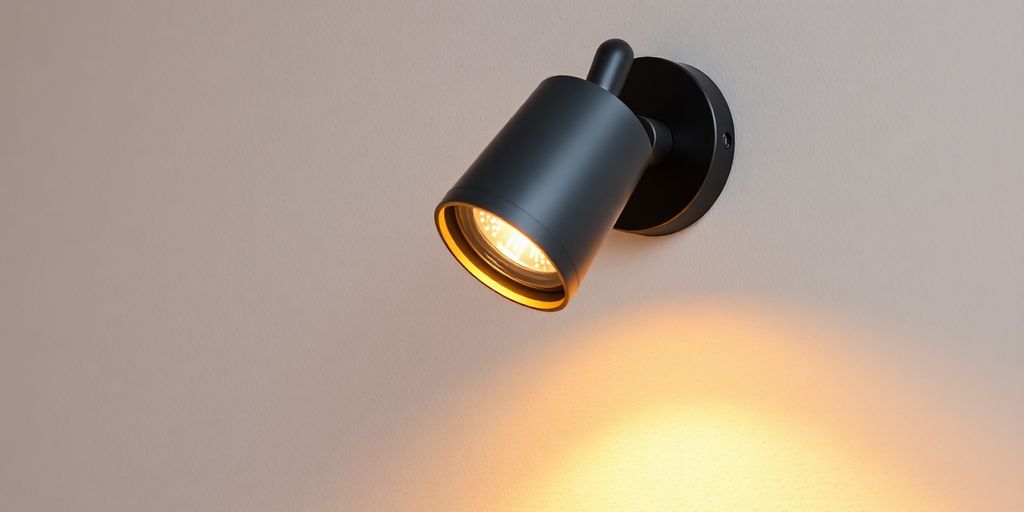 Adjustable spotlight with a tactile switch illuminating a wall.
