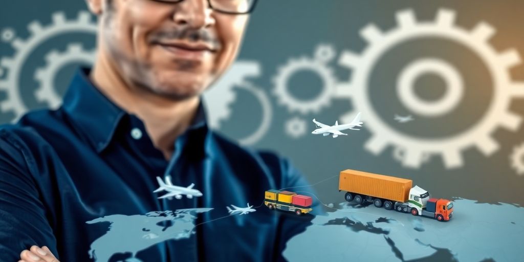 Supply chain leader with globe, gears, and truck.
