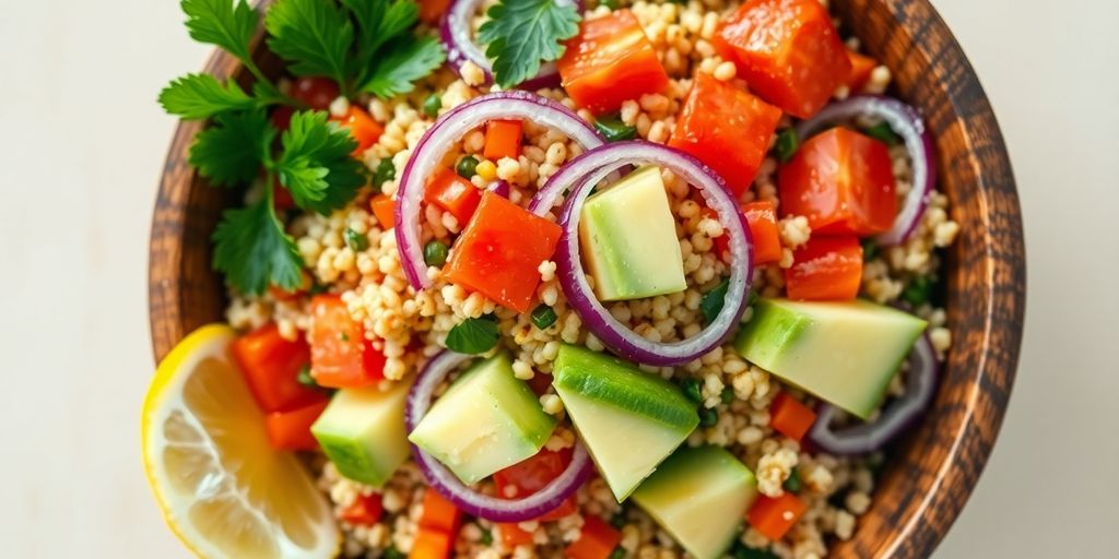 Overhead view of quinoa salad with tomatoes, cucumber, avocado, parsley