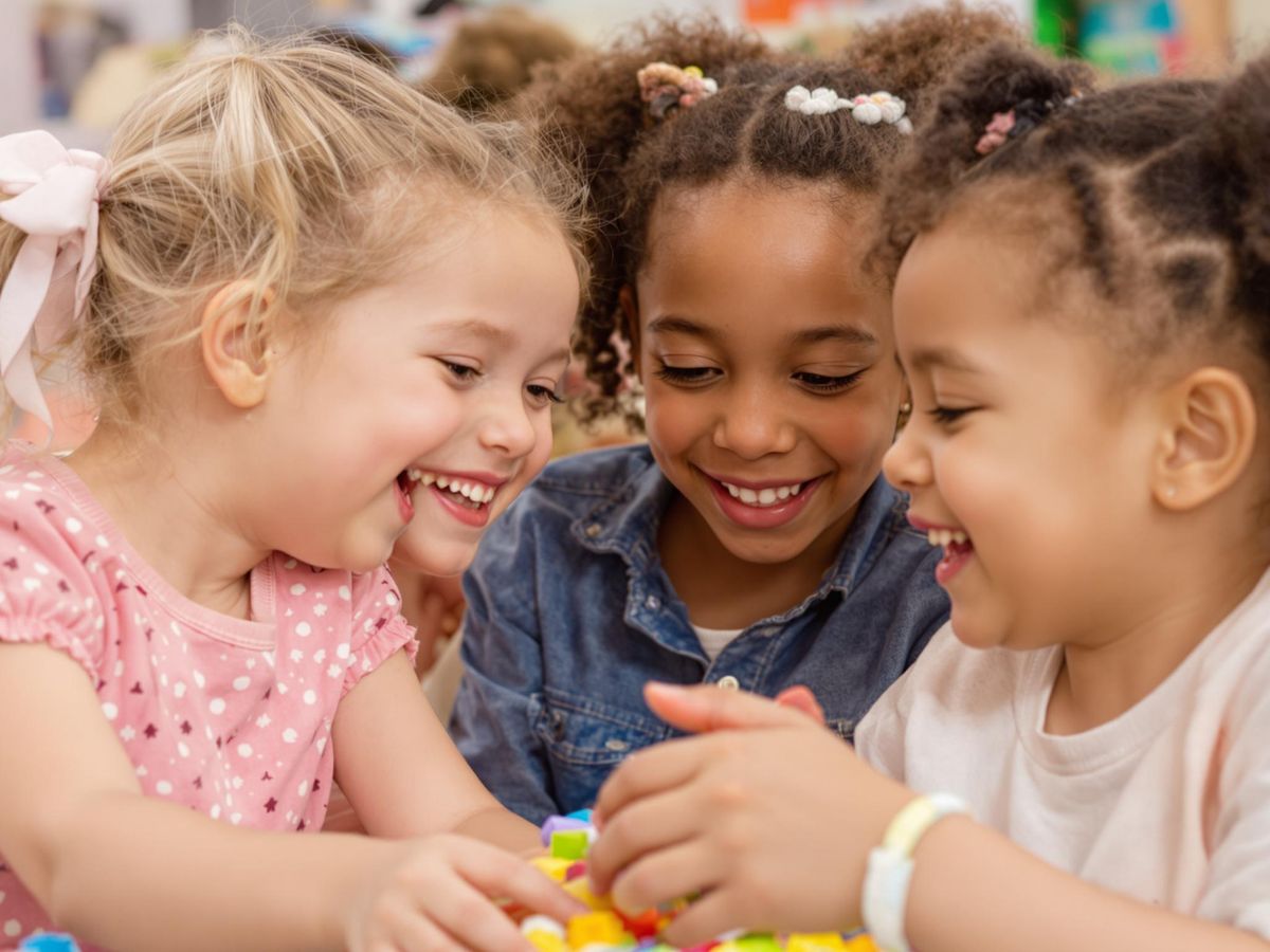 Copii jucându-se și colaborând, zâmbind și interacționând.