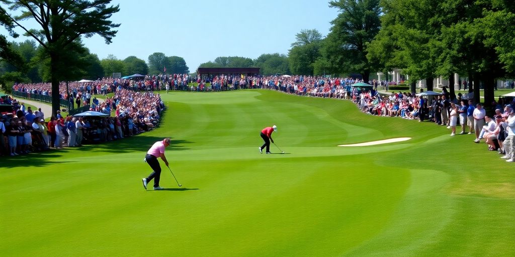 Golfers playing at the Memorial Tournament on a sunny day.