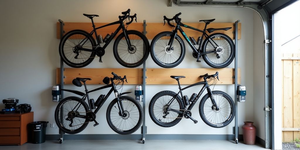 Bicycle storage rack with multiple bikes in a garage.