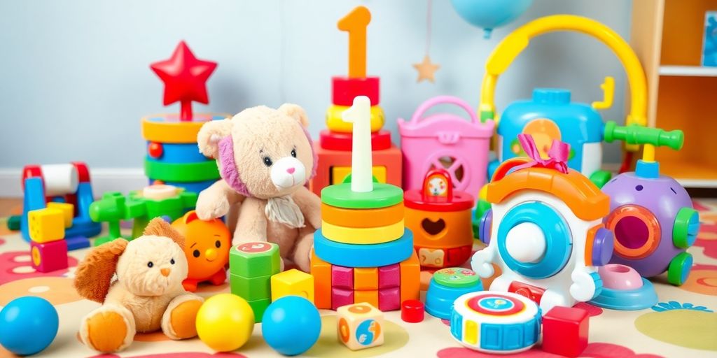 Helle Spielzeuge für den ersten Geburtstag auf einer Spielmatte.