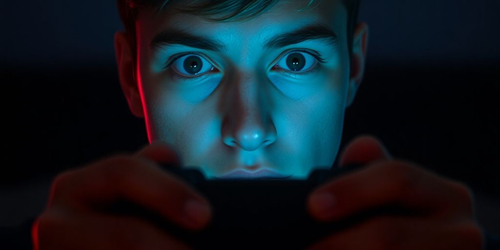 Person playing video game intensely in dark room.