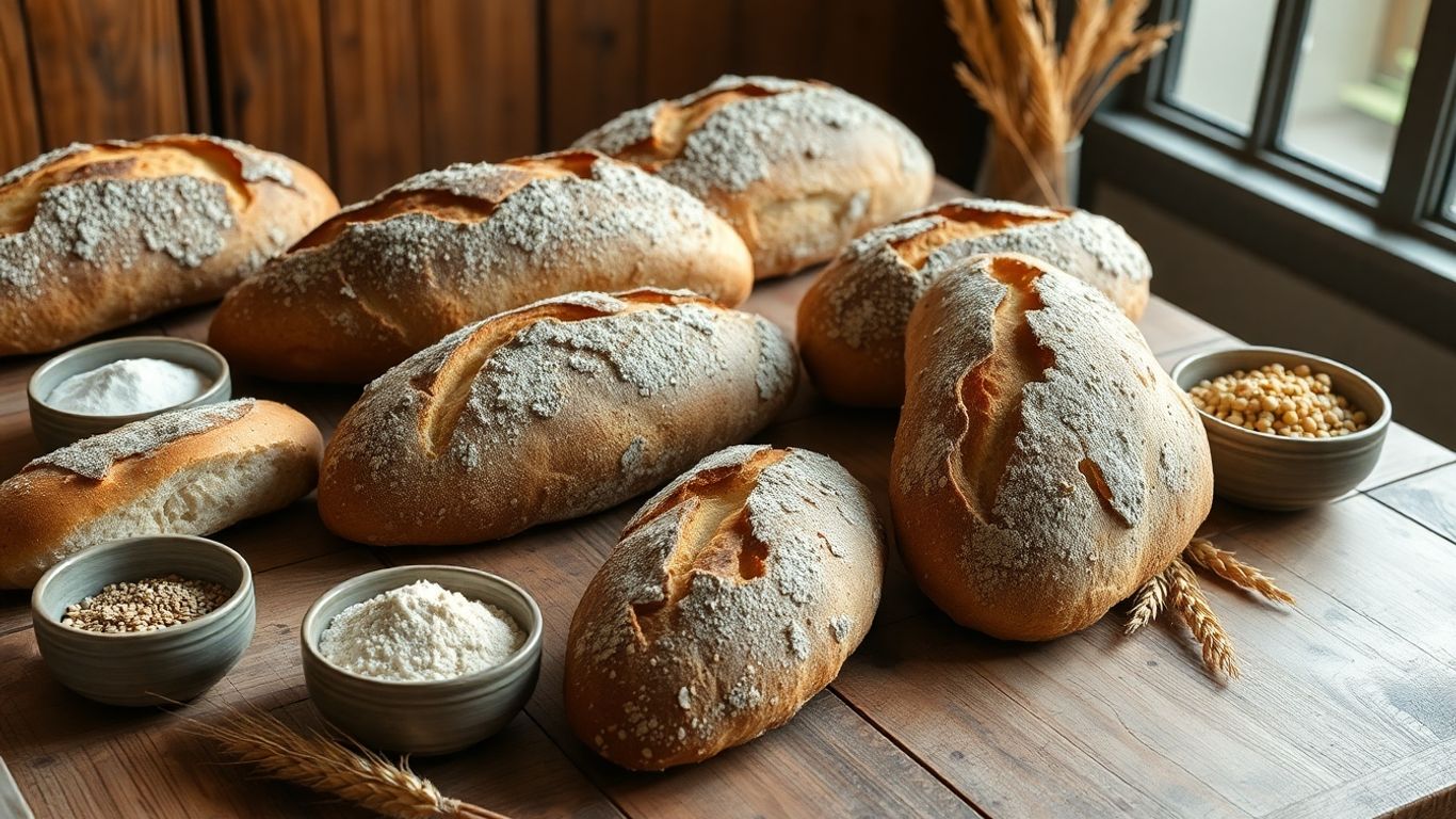 Artisan bread loaves with flour, seeds, and wheat stalks