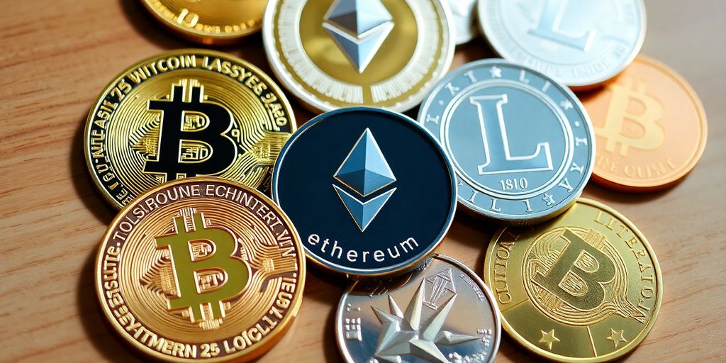 Close-up of various cryptocurrency coins on wooden surface.