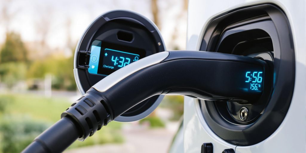Electric vehicle charging port with cable and display.