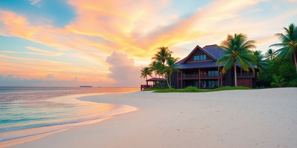 Beautiful beach house with palm trees and clear waters.