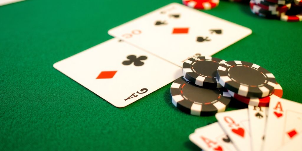 Blackjack cards and chips on a green felt table.