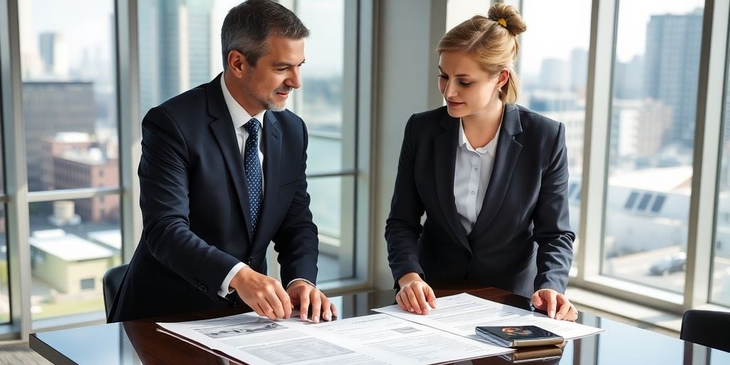 Two professionals discussing real estate documents.