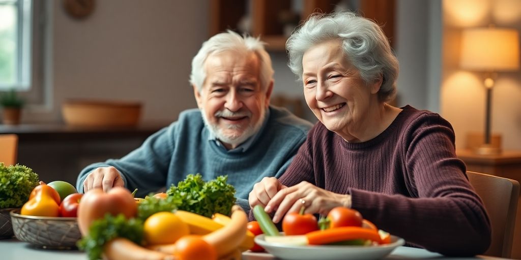 Elderly couple enjoying a healthy meal together.
