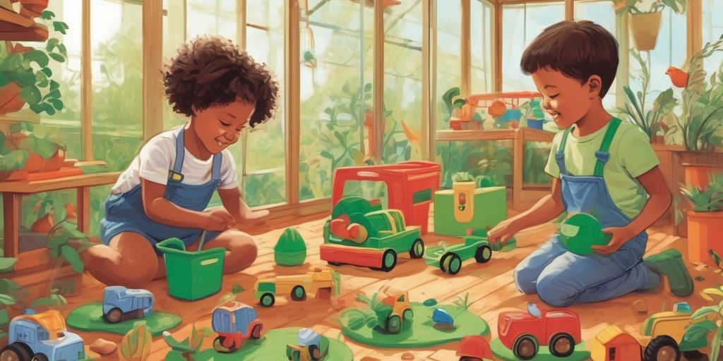 children playing with eco-friendly toys in a green house