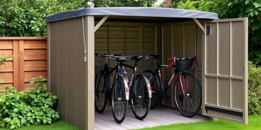 Compact outdoor bike storage shed with organized bicycles.