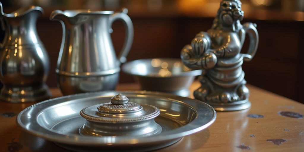 Polished pewter items arranged on a wooden surface.