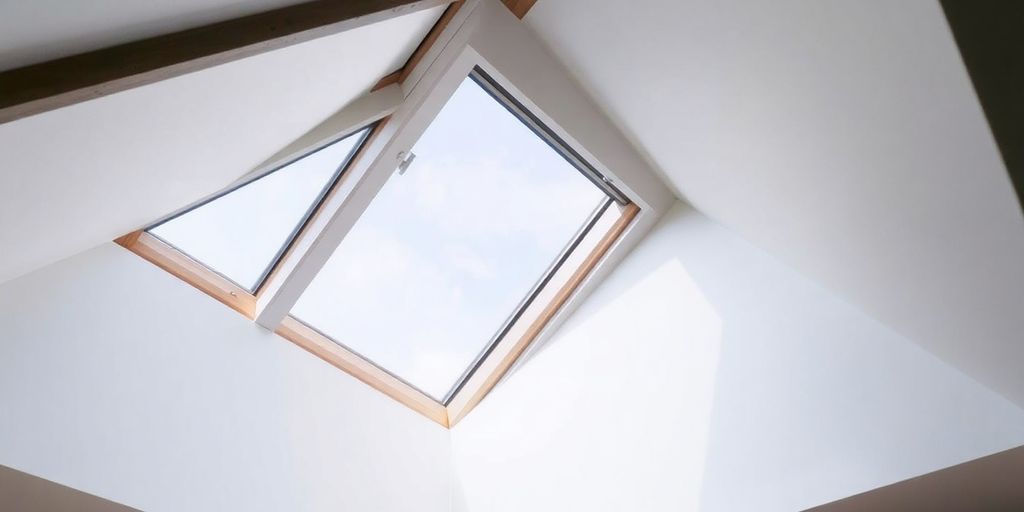 A bright house interior with a fixed skylight installed in a pitched roof.