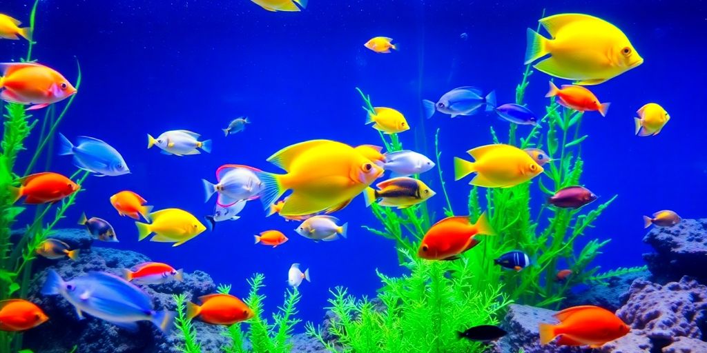 Makukulay na tropikal na isda na lumalangoy sa isang masaganang aquarium.