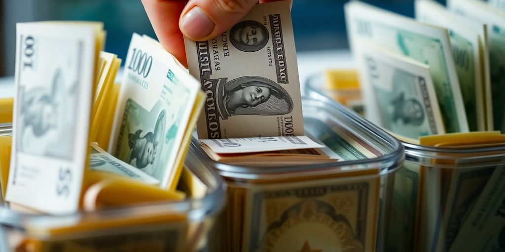 Money flowing into clear budget containers.