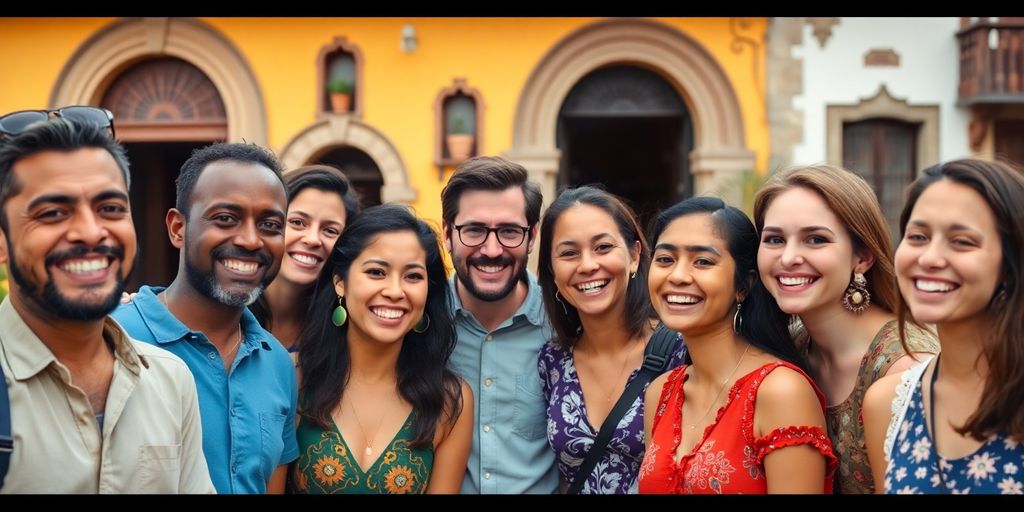 Diverse group of people smiling in front of Spanish architecture.