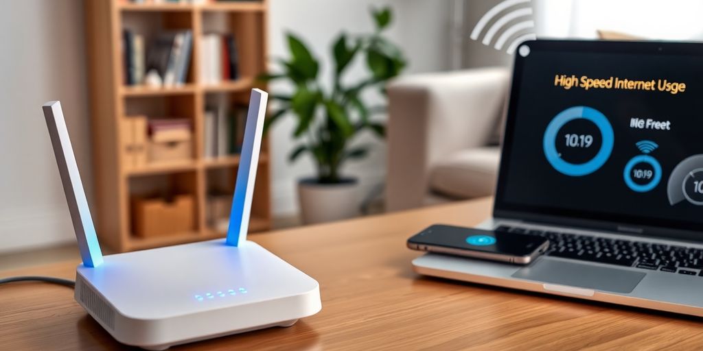 Modem Wi-Fi moderno, velocità, connettività, casa, tecnologia.