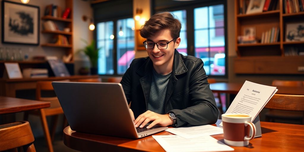 Entrepreneur au café, créant une micro entreprise.