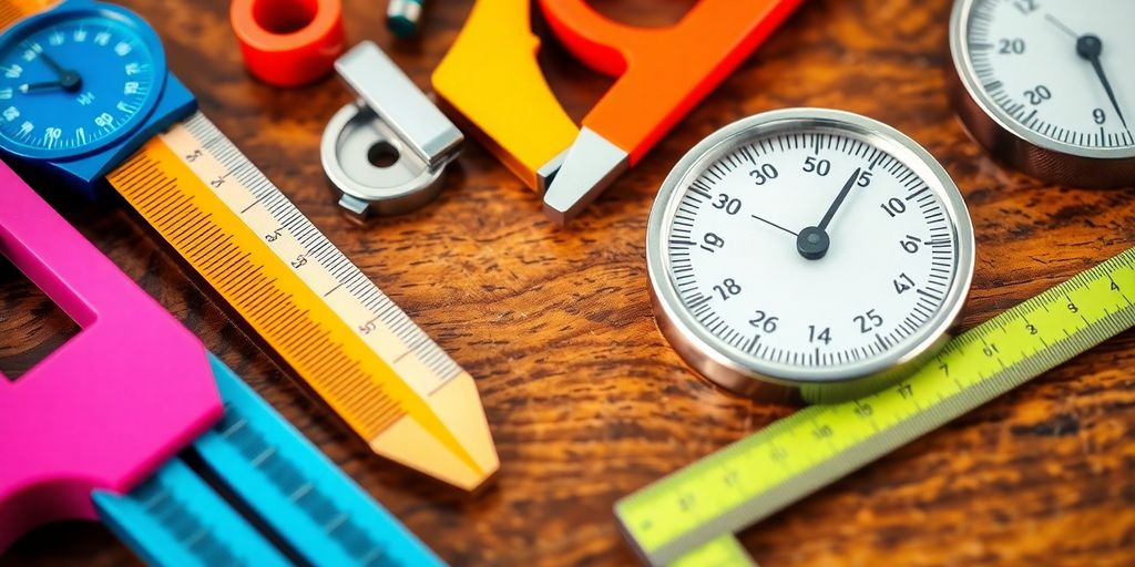 Colorful measuring tools on a wooden surface.