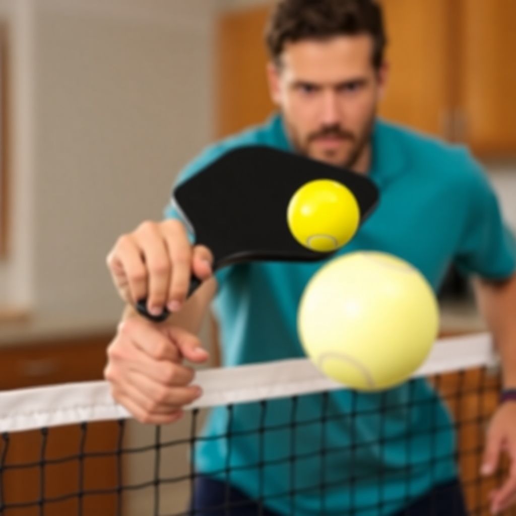 Pickleball player executing a soft reset shot at the net.
