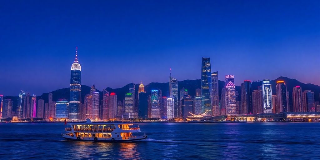 Hong Kong skyline, illuminated buildings, Victoria Harbour, ferry