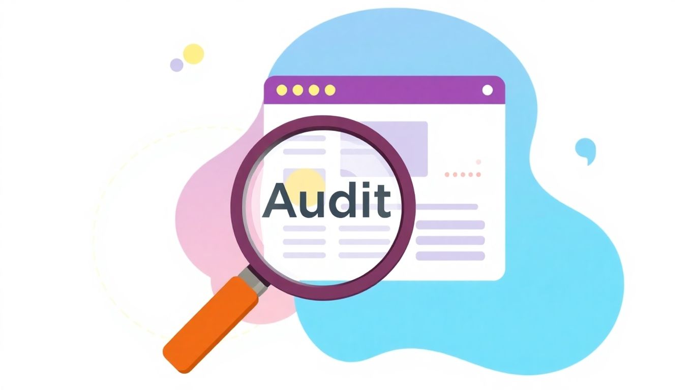 Magnifying glass over a website illustration for SEO audit.